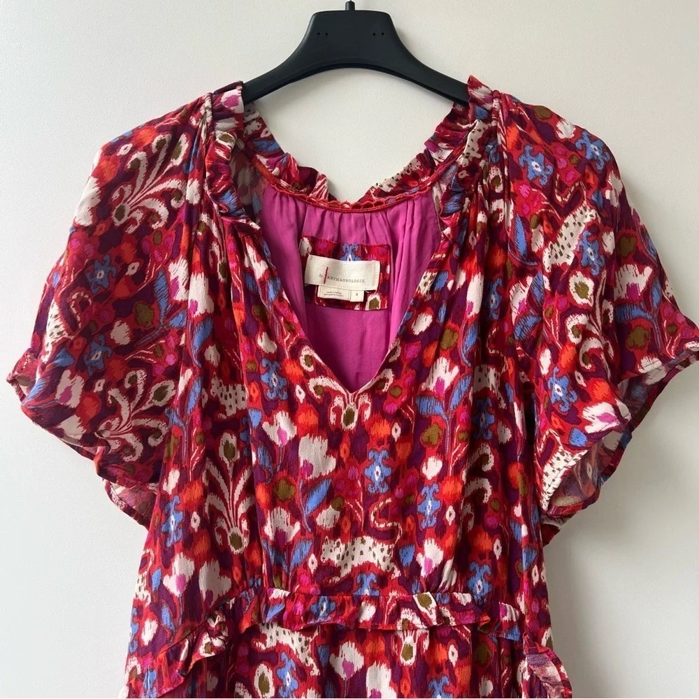 By Anthropologie Robin Tiered Ruffled Mini Dress - RedPink Floral Print - Size S - Picture 6 of 10